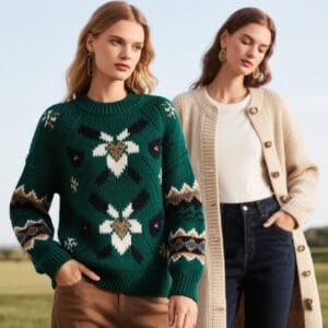2 women are standing to demonstrate sweater styles