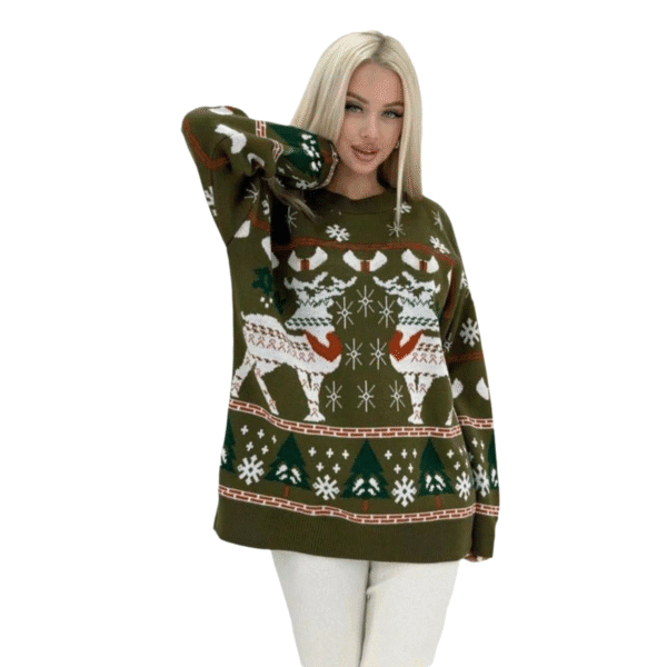 Ladies' Christmas Sweater (1) Ladies' Christmas loose reindeer Christmas tree pattern ladies' knitted round-neck sweater