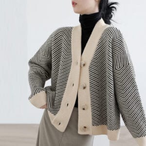 1 2025 Autumn Casual Retro Ribbed Knitted Cardigan Striped V-neck Breathable Loose Fit Women's Sweater Jacket