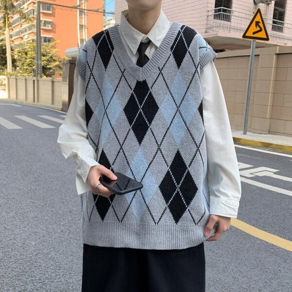 03 Men's Japanese-style Hong Kong-style vintage diamond pattern V-neck vest sweater pullover outer wear knitted shirt vest college style