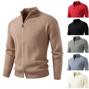 a 2025 New men's cardigan sweater solid color simple stand-up collar casual knitted sweater jacket for men