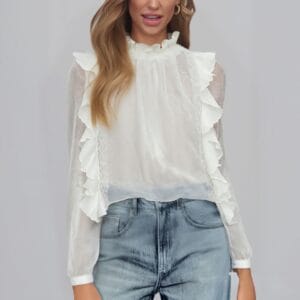 绘蛙 任务132305911 (1) Women's round neck long sleeved solid color ruffled shirt