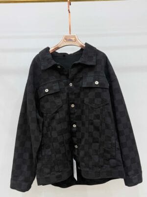 Black trendy and fashionable neutral style pure cotton denim checkered coat