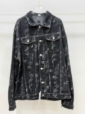 A fashionable black denim printed coat is a trendy and cool street style outfit