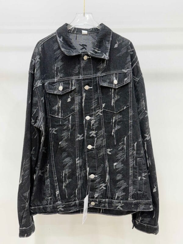 A fashionable black denim printed coat is a trendy and cool street style outfit