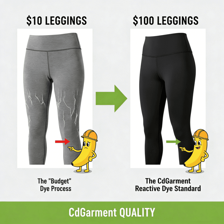Comparison diagram showing faded black leggings vs. CdGarment premium jet-black leggings with reactive dye technology