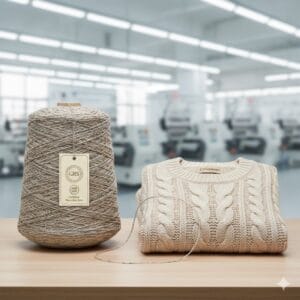 a recycled yarn cone next to a finished CdGarment sweater