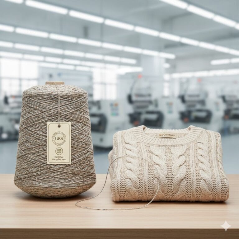 a recycled yarn cone next to a finished CdGarment sweater