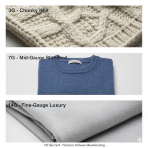 the visual difference between 3G, 7G, and 14G knits