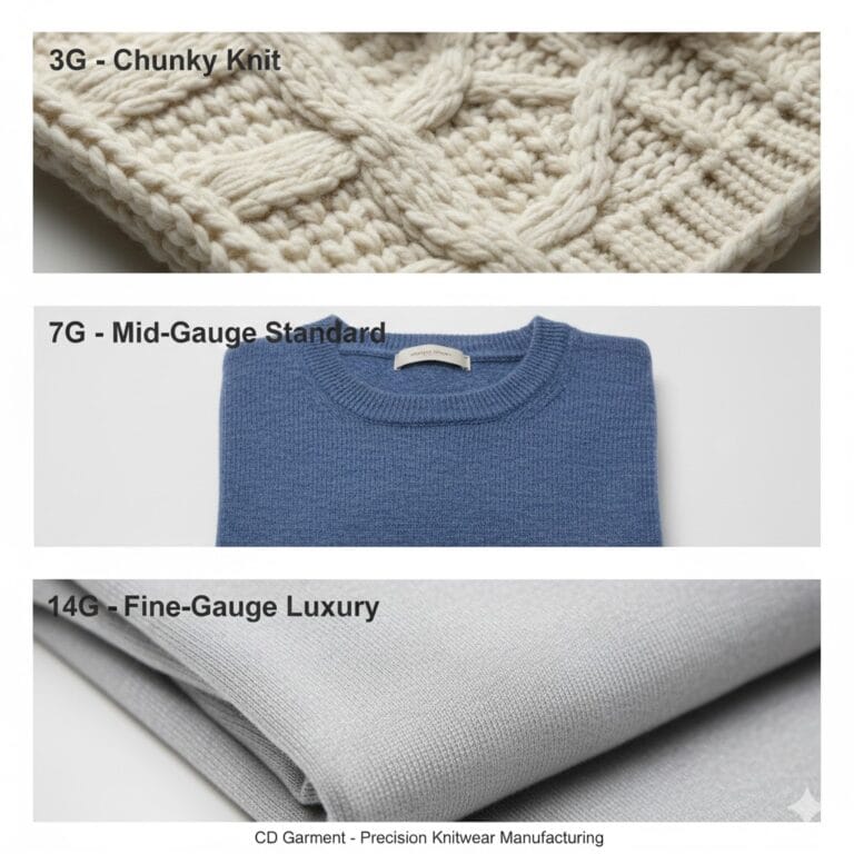 the visual difference between 3G, 7G, and 14G knits