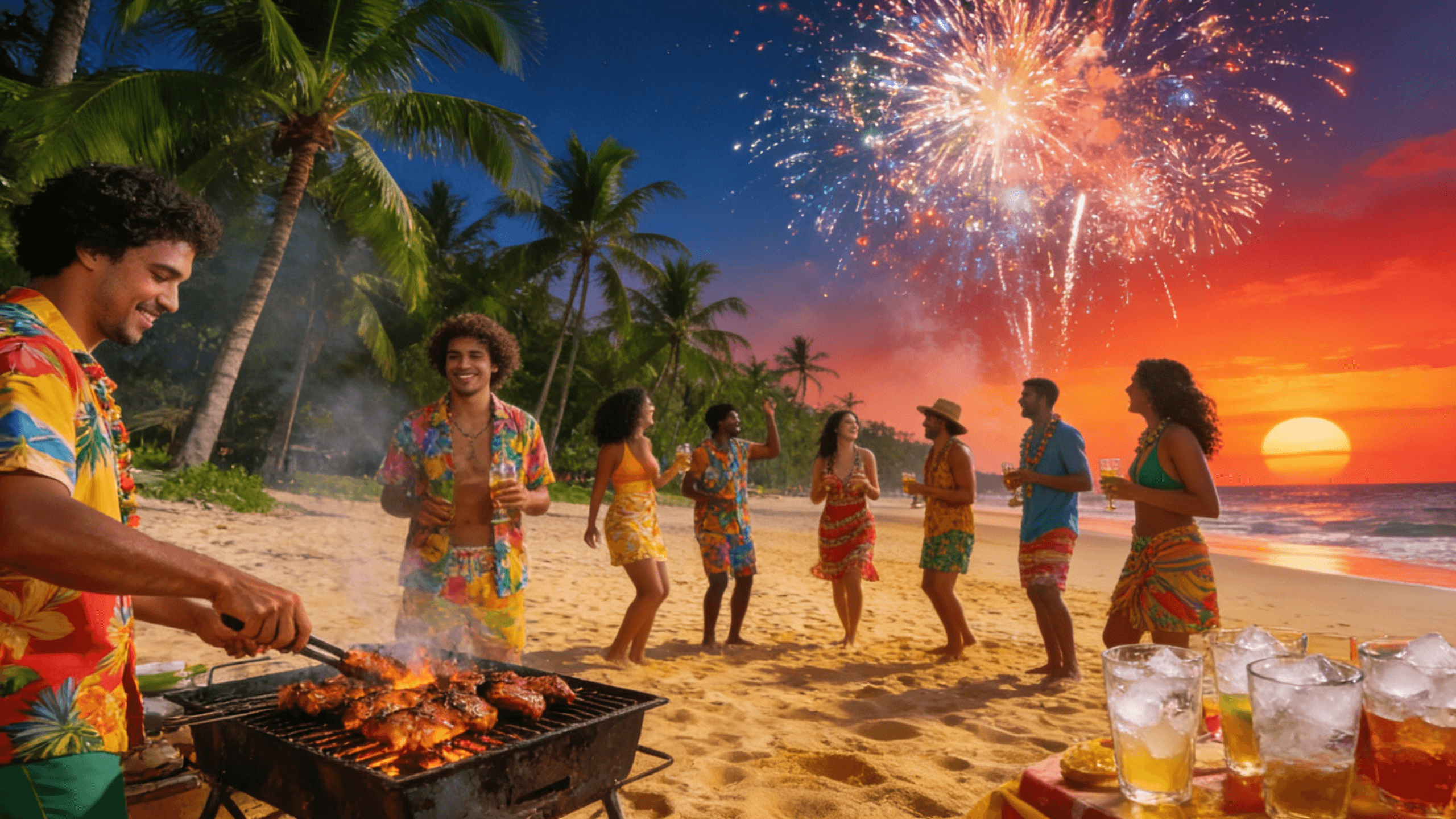 many people are dancing on the beach for celebrating xmas