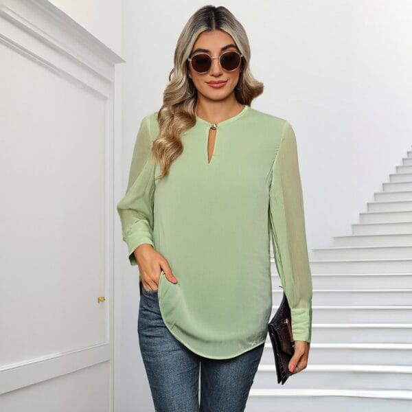 2025 Women's Round Neck Chiffon Light Transparent Long Sleeve Top