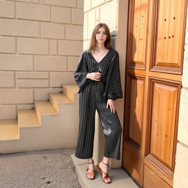 绘蛙-任务140101476 2025 New Women's Grey Premium Striped V-neck Shirt and Pants Set