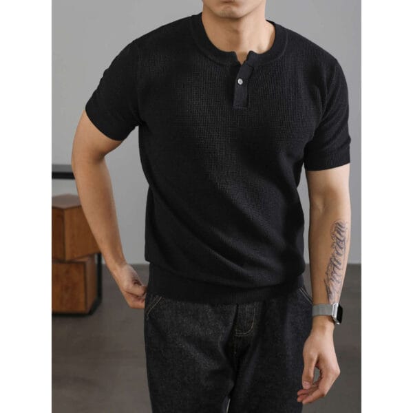 Men's summer long-sleeved knit short-sleeved T-shirt with Henry collar and buttoned cuffs for formal business and casual wear