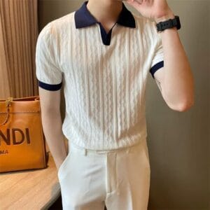 Summer silk breathable jacquard collarless short-sleeved knitted shirt for men - Korean style
